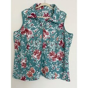 Women's 2X Fall Floral Zip Up Vest Cottage Core Teal Burgundy Layer Grandma Core